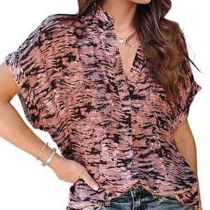 Brand NEW! Women Casual V Neck Print Short Cuffed Sleeve Fashion Chiffon